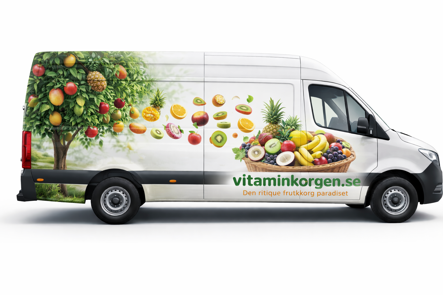 Vitaminkorgens leveransbil med fruktdesign som kör ut fruktkorgar till företag i Stockholm